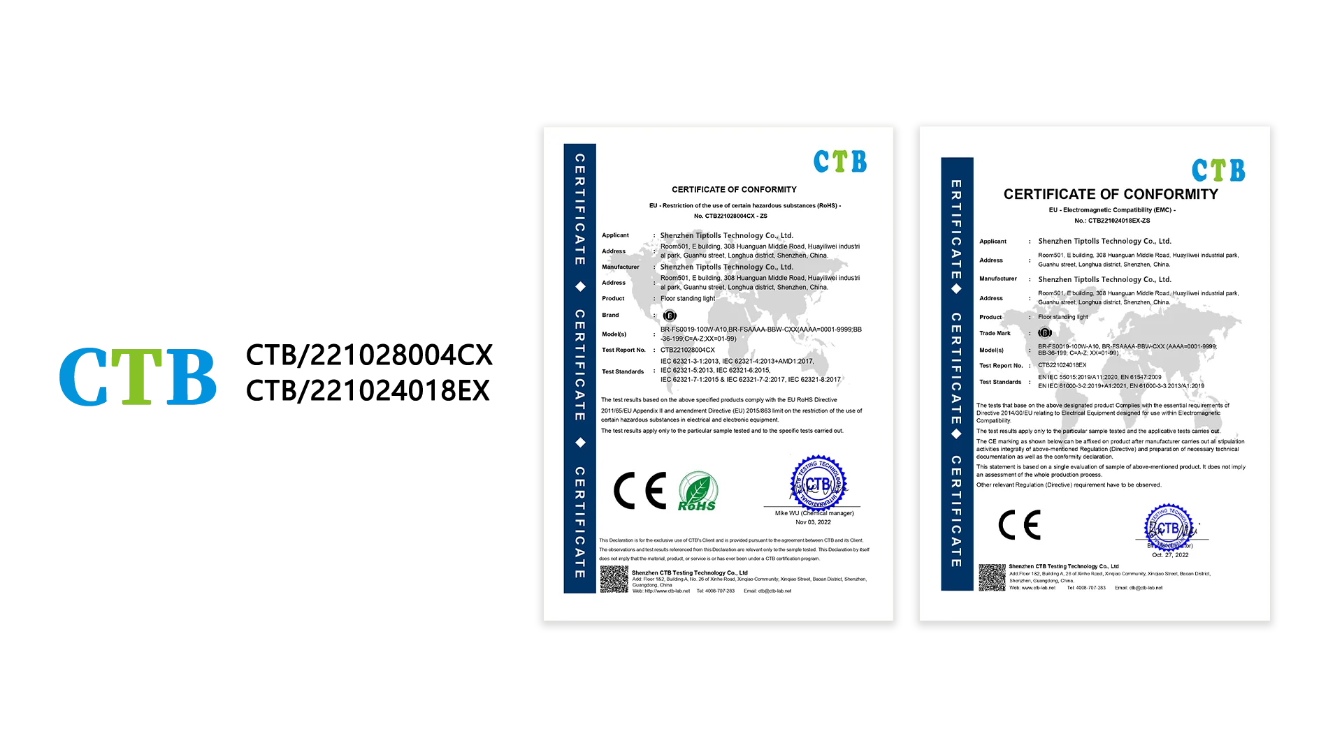 Tiptolls CE Safety & RoHS Compliance Certificates (Applied by CTB Technology) - Desktop Version
